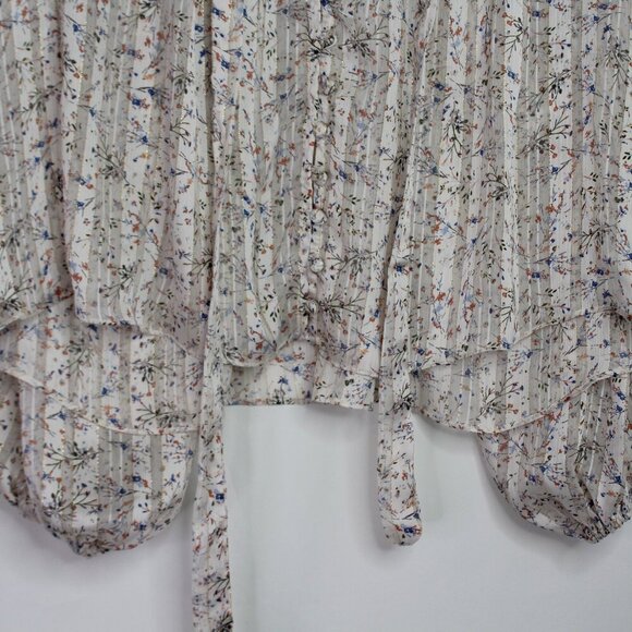 RESET White Multicolored Floral Long Sleeve Neck-Tie Wrap Blouse Size Small - Picture 4 of 8
